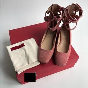 VALENTINO GARAVANI Suede Pink Lace Up Square Toe Zipper Back Ballet Flats EU37